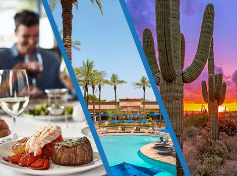 coktail hour, pool, and cacti in three slots